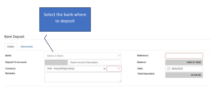 Navigating to Bank Deposit