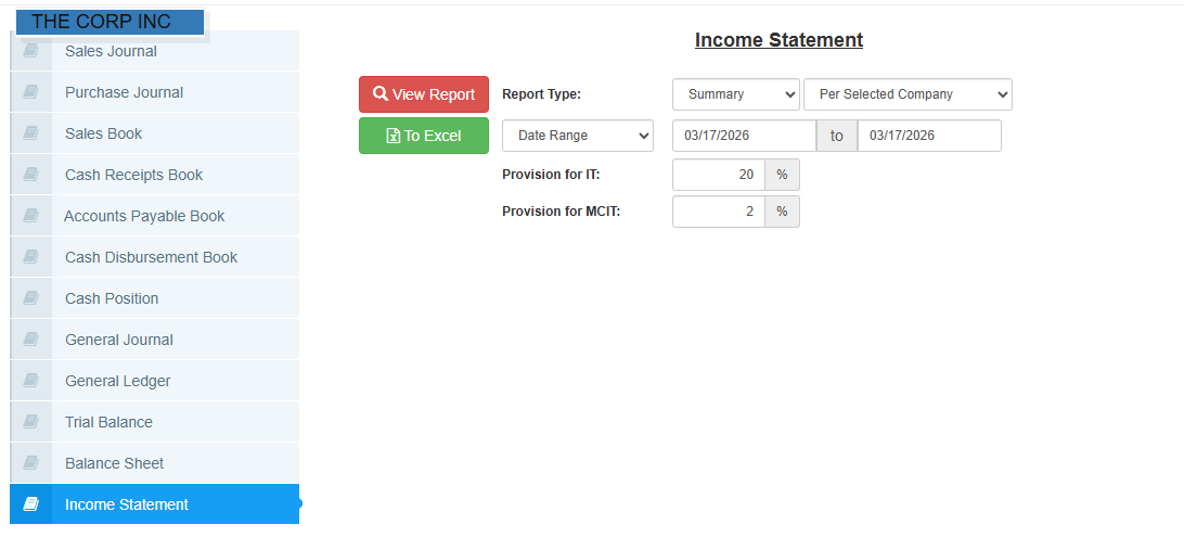 Books of Account Report Filter