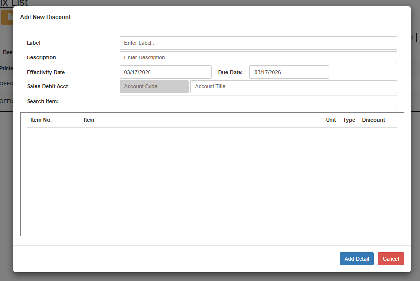 Discount Matrix Interface
