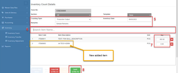Navigating to Inventory count